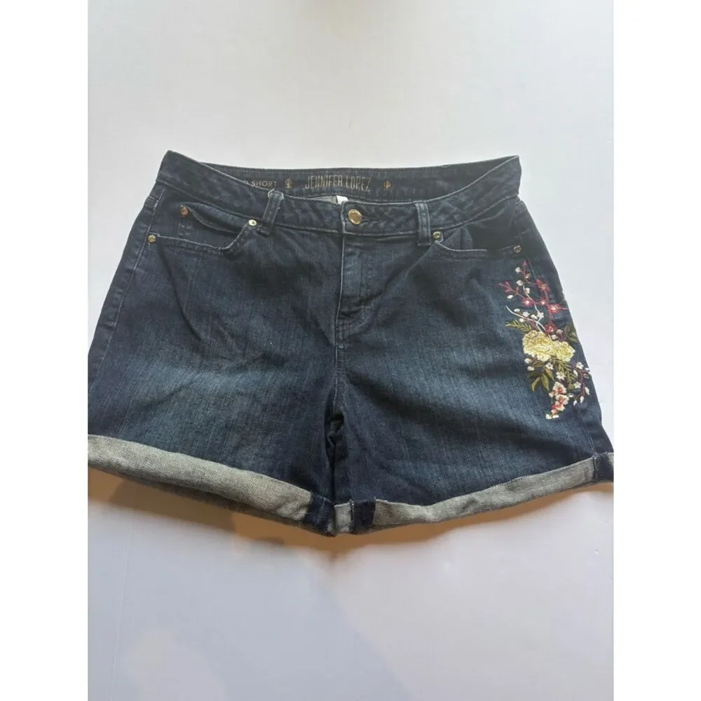 Jennifer Lopez Women's Dark Blue Embroidered Denim Roll-Cuff Shorts Size 8